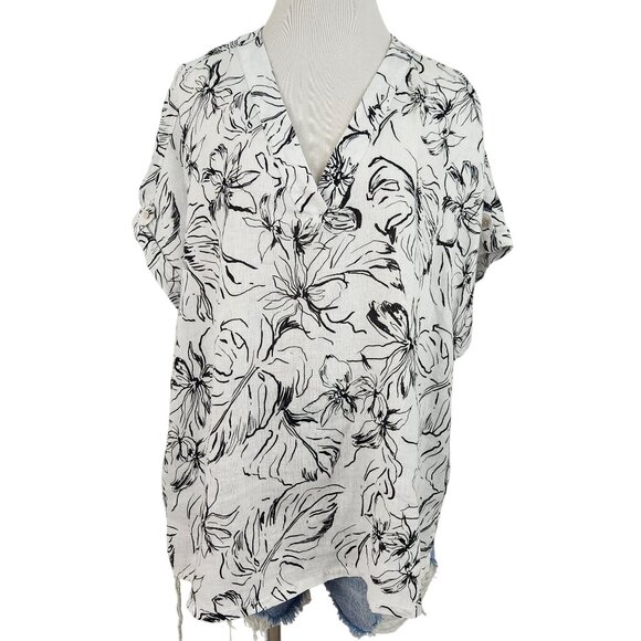 Joie Blouse Women's 1X Linen V Neck Short Sleeve Floral Print Top Black White - Picture 1 of 12
